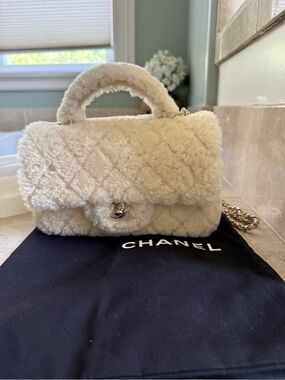 CHANEL Cream Shearling Mini Flap Top-Handle Bag